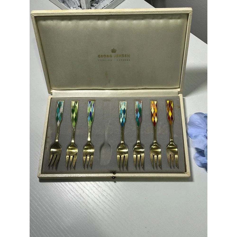 Vintage‎ Georg Jensen Sterling Silver Enamel Harlequin Dessert 7 Forks Denmark